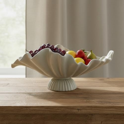 16" Large Decorative Bowl decor, Modern Home Decoration Scallop Bowl,Fashion Key Bowl for Entrance Table, Decorative Fruit Bowl for Kitchen Counter, Ruffle Decor, With Base, Light Gray - Image 4