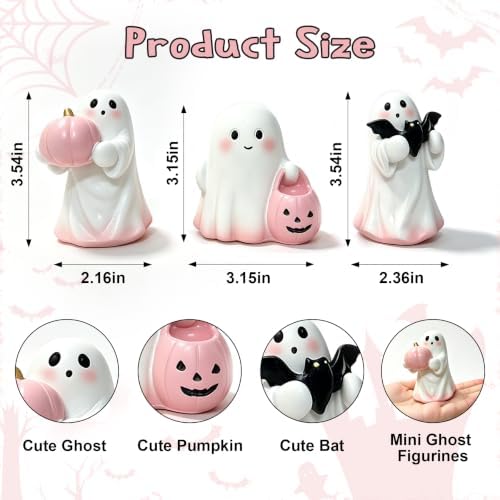 Halloween Ghost Decor, 3 Pcs Cute Pink Resin Ghost Figurines with Pumpkin, Candy Bowl & Bat, Small Halloween Decorations Indoor, Spooky Home Decor for Table, Shelf, Tiered Tray & Mantel - Image 5