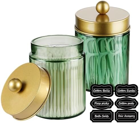 Amolliar Glass Apothecary Jar Qtip Holder w/Metal Lids, Green-Golden, 2pc by Amolliar
