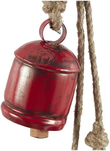 Deco 79 Metal Indoor Outdoor Decorative Cow Bells Tibetan Inspired Cascading Meditation Bell with 4 Bells on Jute Hanging Rope, Cow Bell 3" x 3" x 27", Red - Image 2
