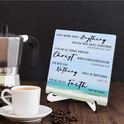 Beach Christian Bible Verse Wooden Sign Desk Decor, Christian Faith Based Gifts Wood Plaque Sign With Stand for Beach Lake House Home Office Desk Table Shelf Decoration, 5x5 Inch - Image 4