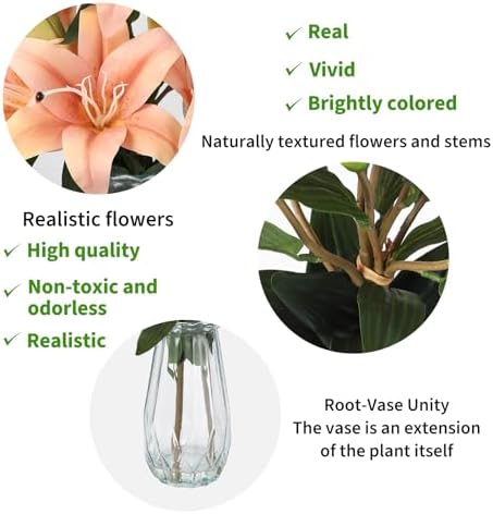 Garvee Faux Lily Flowers with Vase, 6 Heads Full Bloom Lily & 3 Buds, Long Stem Artificial Stargazer Lilies, Faux Tiger Bouquets in Glass Vase for Home Hotel Flower Arrangement Party Decor, Champagne - Image 3
