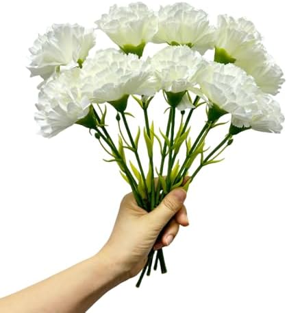 10 Stem White Fake Carnation Flowers Stem,Realistic Silk Petals Bouquet by Unknown
