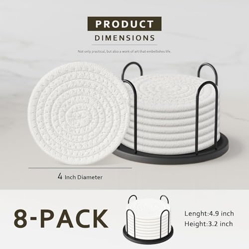 Lazebox Coasters Set of 8 for Drinks, 4 Inch Large Coasters for Coffee Table, Tabletop Protection for Hot & Cold Drinks, Versatile Coasters for Home Decor, Non-Slip & Easy to Clean, White - Image 2