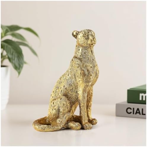 Cheetah Statue for Home Decor, 8" Resin Sitting Leopard Sculpture, Gold Desktop Decoration for Living Room, Dining Room, Office,Shelves, Tv Stand, Coffee Table or Entry Way by Magicsculp