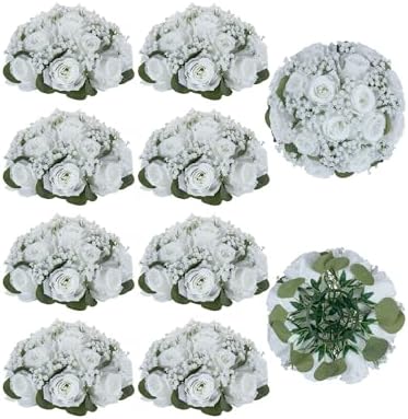BLOSMON White Flowers for Wedding Centerpieces: 10 Pcs, Rose Babys Breath by Blosmon