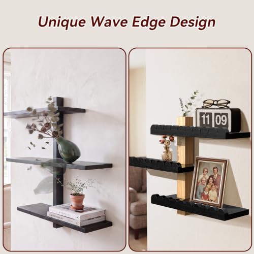 3-Tier 100% Solid Wood Shelves for Wall, Scalloped Rustic Floating Shelves, Wall Decor with Planter Vase, Wall Shelf for Apartment, Living Room and Bedroom - Image 6
