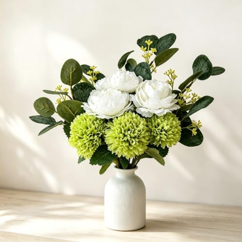 Fake Flowers Bouquet with Vase Faux Silk Flowers Mums Peony Eucalyptus by RVROVIC