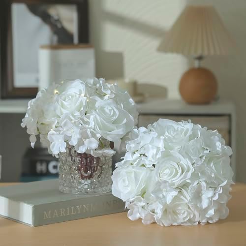 Rose Silk Flower Arrangement Artificial Vivid Rose in Glass Vase with LED Light Elegant Centerpiece for Home Wedding Bathroom Table Shelf Decoration (Pure White) - Image 3