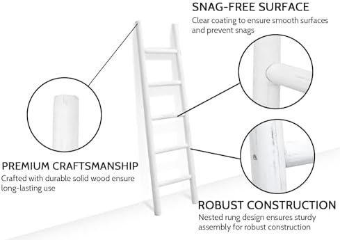 FUIN Blanket Ladder, 57in Rustic Solid Wood Decorative Ladder, White - Image 3