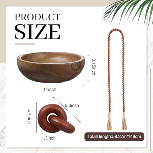 Novabright Farmhouse Wooden Bowl Set with Chain Beads, Brown - Image 2