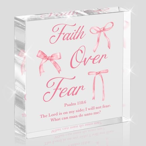 Pink Bow Room Decor, Inspirational Bible Verse Quotes, Christian Gifts for Women, Coquette Aesthetic Bow Dorm Decoration, Office Decor for Women, Acrylic Office Desk Accessories-Faith Over Fear by Unknown