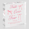 Pink Bow Room Decor, Inspirational Bible Verse Quotes, Christian Gifts for Women, Coquette Aesthetic Bow Dorm Decoration, Office Decor for Women, Acrylic Office Desk Accessories-Faith Over Fear by Unknown
