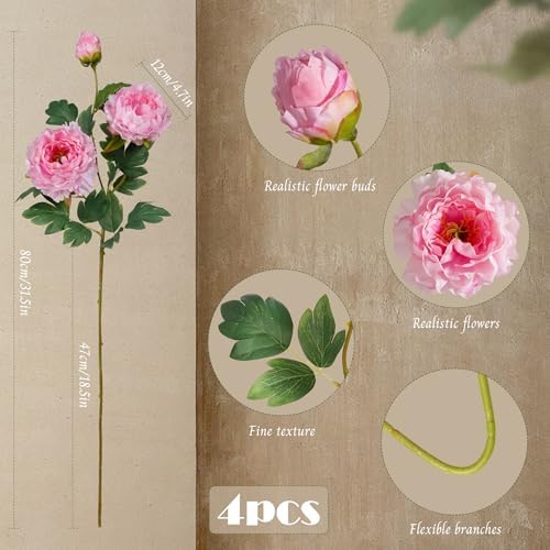 Silk Peonies Faux Flowers 4PCS, Pink, 31.5'' Long Stem - Image 2
