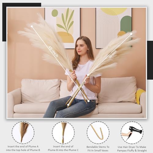 7 Pcs 45" Faux Pampas Grass – Fluffy Artificial Pompous Grass for Tall Floor Vase, Non-Shedding Home Decor, Boho Wedding Flowers, Baby Shower Centerpieces, Bedroom & Living Room Decor (Beige) - Image 2