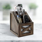 Autumn Alley Rustic Remote Holder - Farmhouse Desk Organizer, Barn Door Remote Holder, Desktop Organizer - 3-Slot Multiple Compartment Remote Control Storage Caddy, Rustic Home Decor, Brown - Image 2
