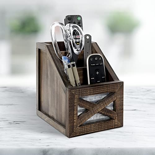 Autumn Alley Rustic Remote Holder - Farmhouse Desk Organizer, Barn Door Remote Holder, Desktop Organizer - 3-Slot Multiple Compartment Remote Control Storage Caddy, Rustic Home Decor, Brown - Image 2