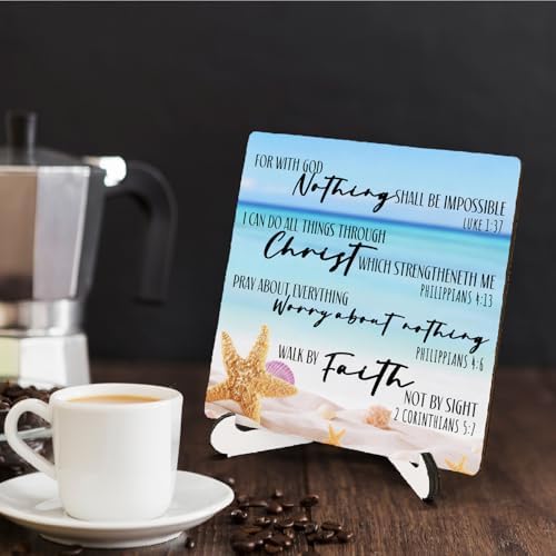 Coastal Starfish Christian Wooden Sign Desk Decor, Beach Bible Verses Religious Wood Plaque Sign With Stand for Beach Lake House Home Office Desk Table Shelf Decoration, 5x5 Inch - Image 4