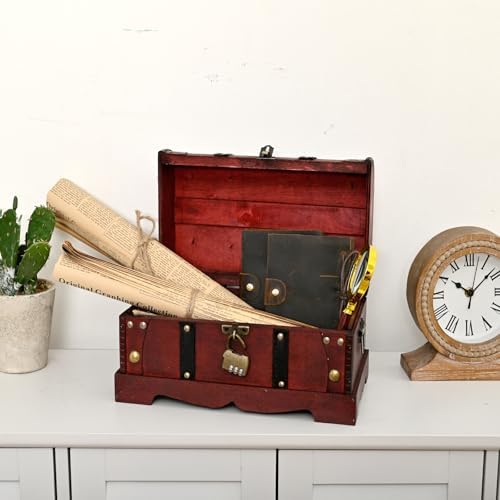 Vintage Wooden Treasure Chest Decorative Box with Lock,Oxblood - Image 6
