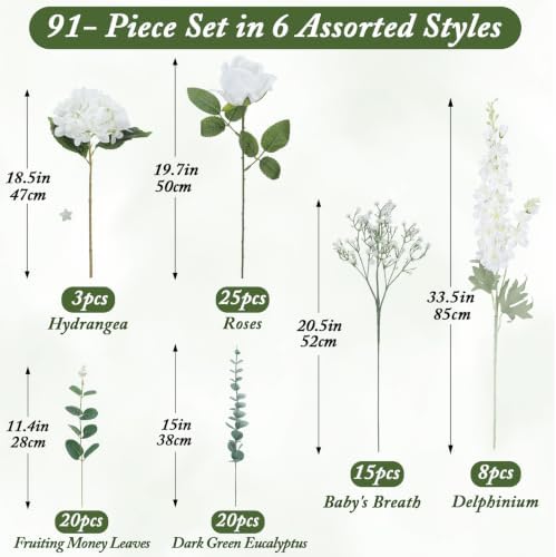 91Pcs White Artificial Delphinium Flowers 6 Kinds Floral Arrangements Set - Image 3