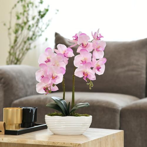 Large Artificial Orchid Arrangement in Oval Ribbed Ceramic Pot, Pink Shades - Image 3
