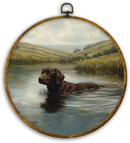 CUANFDDSF Rustic Country Chocolate Labrador Retriever Round Wall Art, Chocolate Lab Gifts Framed Hanging Wall Decor, Antique Farmhouse Dog Canvas Prints Decorations for Bedroom, 10x10 Inch by CUANFDDSF