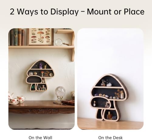 Cute Mushroom Decor, Wooden Mushroom Wall Shelf Crystal Display Shelves - Image 6