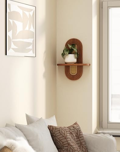 Floating Shelves for Wall, Boho Home Wall Decor,Rattan Plant Shelf Set of 2, Mid Century Small Decorative Shelf, Natural Wood Shelves for Living Room,Bedroom,House,Office (Walnut) - Image 4