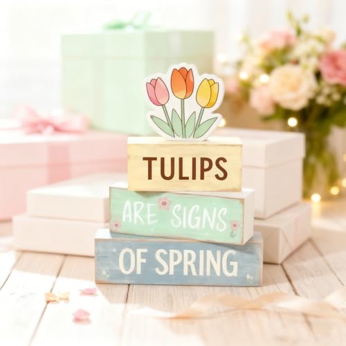 Spring Decoration Wooden Tiered Tray Decor – Tulips Spring Stacked Block Sign with Floral Accent – Farmhouse Tabletop Spring Decor for Shelf Mantel Seasonal Home Display - Image 3