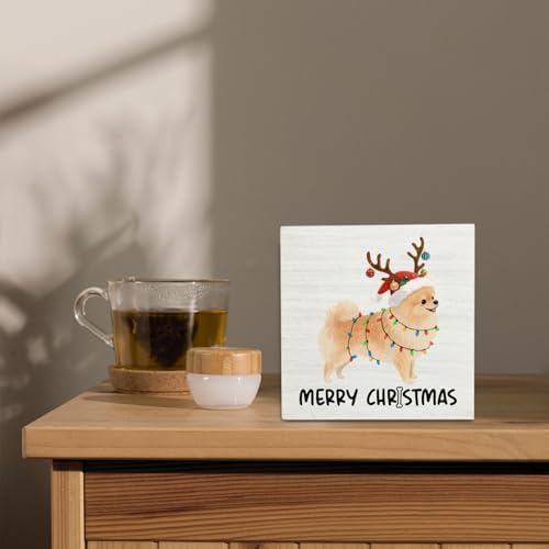 Pomeranian Merry Christmas Wooden Box Sign Desk Decor, Pomeranian Gifts, Holiday Christmas Dog Wood Block Sign for Home Bedroom Office Desk Table Shelf Wall Decorations, 5x5 Inch - Image 4