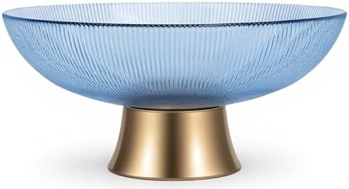 Round Glass Decorative Bowl (Blue), 9.8 Inches Handblown Striped Design Glass Bowl with Rust Resistant Metal Base,Decor Fruit Bowl for Home Decor,Table Centerpiece,Kitchen Island and Dining Decor by Unknown