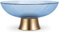 Round Glass Decorative Bowl (Blue), 9.8 Inches Handblown Striped Design Glass Bowl with Rust Resistant Metal Base,Decor Fruit Bowl for Home Decor,Table Centerpiece,Kitchen Island and Dining Decor by Unknown