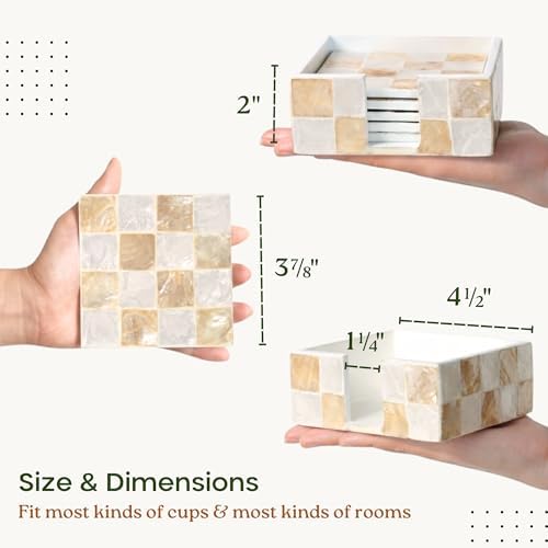 CHI AN HOME 4" Capiz Shell Mosaic Square Coasters Set 6 with Holder, Ivory - Image 3
