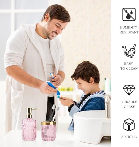 RRM Glass Bathroom Toothbrush Holder and Soap Dispenser Set, Pink - Image 6