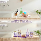 5 Piece Glass Bathroom Accessories Set, Purple & Gold Vanity Countertop Set - Image 6