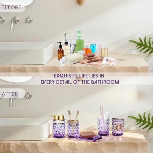 5 Piece Glass Bathroom Accessories Set, Purple & Gold Vanity Countertop Set - Image 6