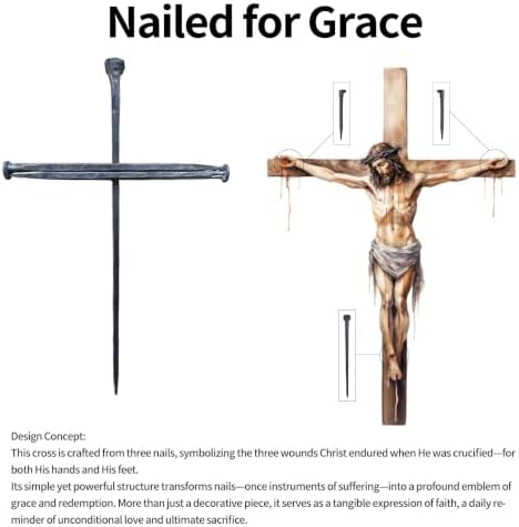LeMeeOly Jesus Christ Crucifixion Nail Metal Cross Wooden Base, Baptism & Religious Gifts for Men Women,Christian Home Decor (Large (12" L x 8" W)) - Image 2
