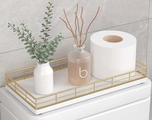 Toilet Paper Basket Organizer, Oak Wood Toilet Tank Tray with Metal Frame by Focusonit