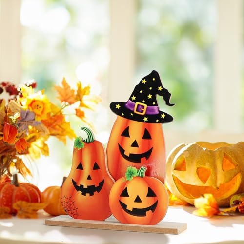 Halloween Decorations Indoor Wooden Pumpkin Halloween Decor Pumpkin Table Sign Centerpieces Standing Tabletop Decoration for Holiday Desk Tiered Tray Party Shelf Fall Autumn Decorations Farmhouse Home - Image 6