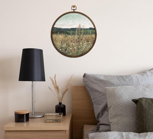 Wildflower Round Wall Art Decor, Floral Field Landscape Circular Wall Art, Vintage Round Boho Home Decoration, Circular Hanging Decor with Hooks for Living Room Bedroom Kitchen Office Decoration, 18 - Image 6