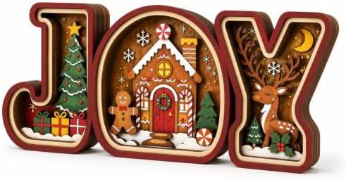 Gingerbread Christmas Decorations, 3D Wooden JOY Sign with Christmas Tree and Reindeer, Vintage Merry Christmas Tiered Tray Decor for Office Desk Party Kitchen, Tabletop, Shelf and Farmhouse Mantel (Gingerbread Christmas Decorations) by VQRZG