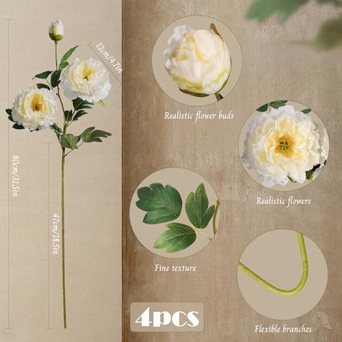 Silk Peonies Artificial Flowers, Champagne, 4PCS, 31.5'' Long Stem - Image 2