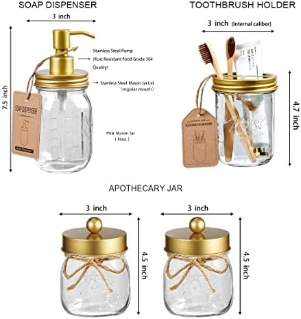 SheeChung Mason Jar Bathroom Accessories Set, 6Pcs Rustic Bathroom Set,Gold - Image 5