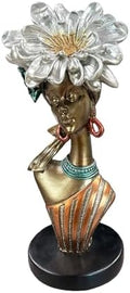 Lescafita African Woman Art Sculpture with Silver Floral Crown, Metallic Art Statue,Elegant African-Inspired Art Gift Suitable for Various Settings Such as Home, Bookshelves, desks, or Offices by LESCAFITA