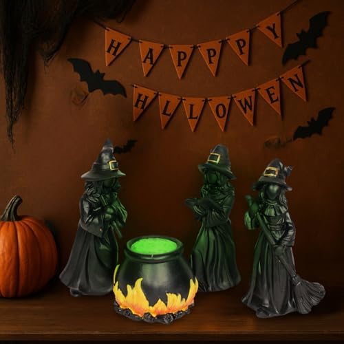 Halloween Witch Figurine Set with Glowing Cauldron – 4PCS Resin Halloween Decorations for Tabletop Mantel Tiered Tray Indoor Haunted House Spooky Witch Statues, Mini Figurines Gothic Home Decor - Image 2