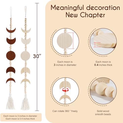 Moon Phase Wall Hanging Wood Beaded with Tassel,Phases of The Moon,Boho Home Decor for Living Room Bedroom Office(Brown) - Image 3
