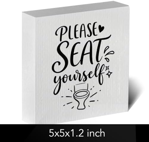 Funny Rustic Bathroom Decor Wooden Box Sign 5x5 Inch - "PLEASE SEAT yourself" Humorous Restroom Shelf Table Decor, Farmhouse Style Wall Countertop Ornament for Home Guest Bathroom Housewarming Gift - Image 2