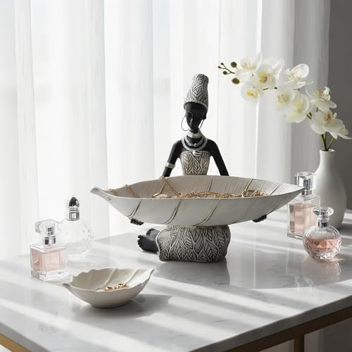 Lescafita African Woman Tray Figurine White Leaf Bowl Sculpture - Image 6