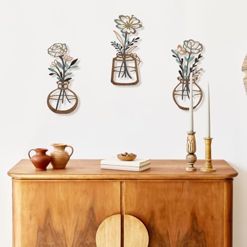 ARTINME 3 Pieces Metal Flowers Wall Arts - Rustic Farmhouse Decor Minimalist Flower Wall Decors for Living Room Bathroom Kitchen Bedroom Dining Room - Housewarming Gifts (Brown) - Image 6