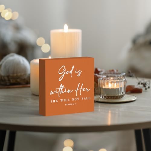 God Is Within Her Bible Verse Artwork Orange Wood Box Sign Rustic Farmhouse Style Psalm 46 : 5 Christian Wood Block Plaque 5 X 5 Inches Home Office Desk Sign Decor for Presents - Image 4